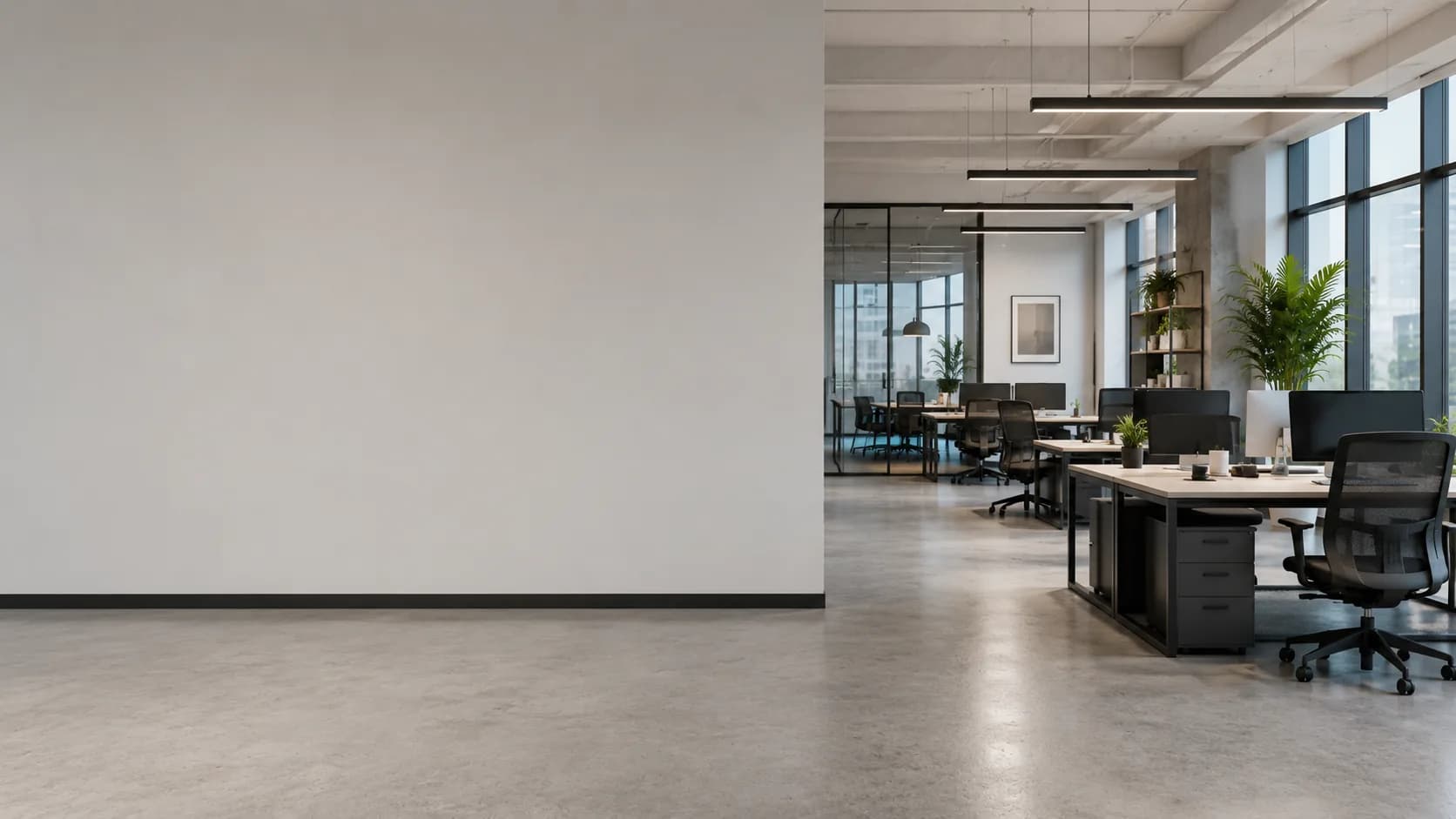 Modern office with natural light, wood desk, and ergonomic chair